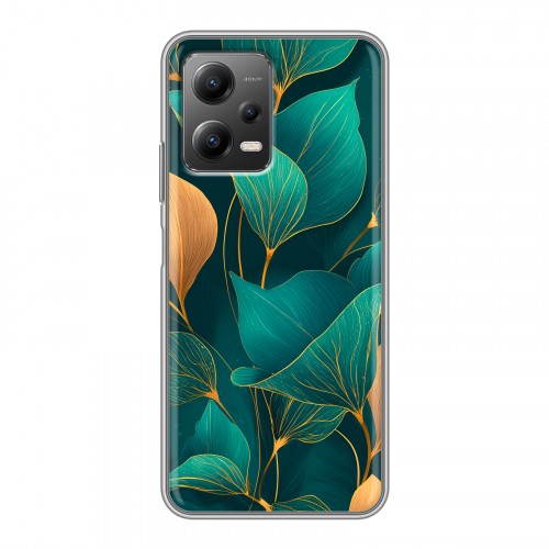 Полупрозрачный дизайнерский силиконовый с усиленными углами чехол для Xiaomi Poco X5 Листья и золото