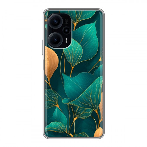 Полупрозрачный дизайнерский силиконовый с усиленными углами чехол для XIaomi Poco F5 Листья и золото