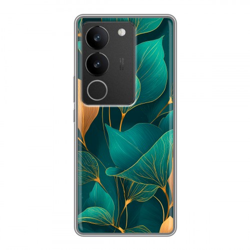 Полупрозрачный дизайнерский силиконовый чехол для Vivo S17 Листья и золото