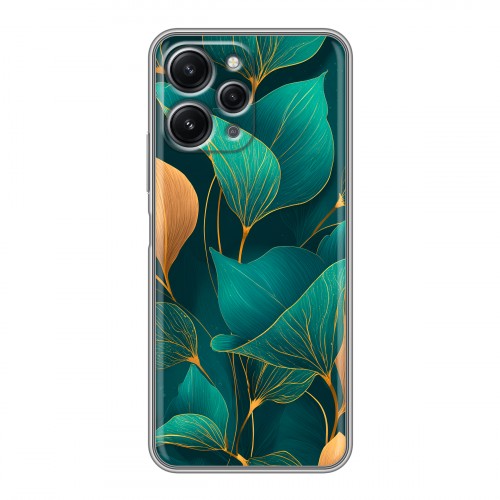 Полупрозрачный дизайнерский пластиковый чехол для Xiaomi RedMi 12 Листья и золото
