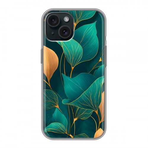 Полупрозрачный дизайнерский пластиковый чехол для Iphone 15 Листья и золото