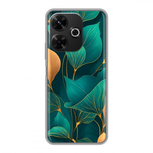 Полупрозрачный дизайнерский пластиковый чехол для RedMi 13 4G Листья и золото