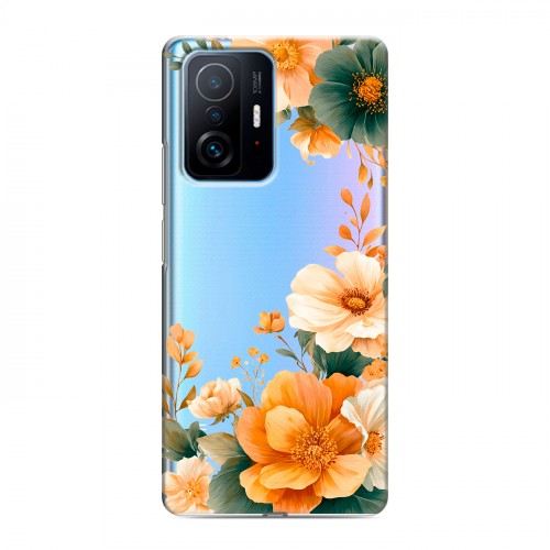 Полупрозрачный дизайнерский силиконовый с усиленными углами чехол для Xiaomi 11T Цветы принт