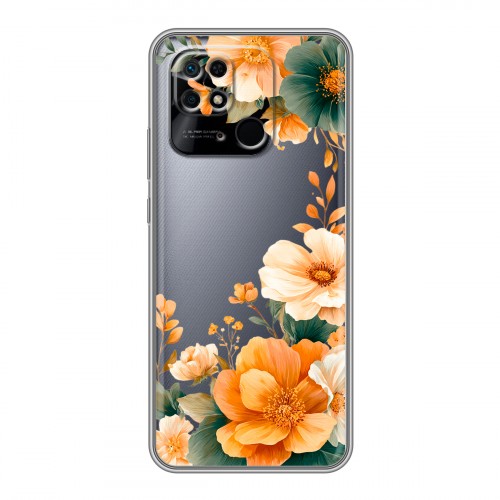 Полупрозрачный дизайнерский силиконовый чехол для Xiaomi Redmi 10C Цветы принт