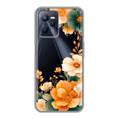 Полупрозрачный дизайнерский силиконовый с усиленными углами чехол для Realme C35 Цветы принт