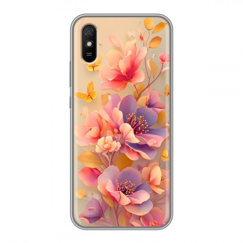 Полупрозрачный дизайнерский силиконовый чехол для Xiaomi RedMi 9A Цветы и бабочки