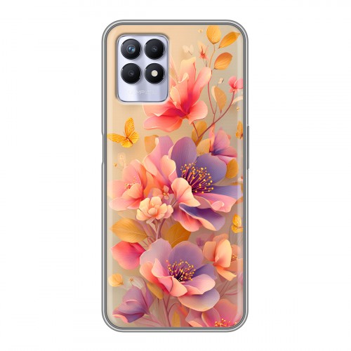 Полупрозрачный дизайнерский силиконовый чехол для Realme 8i Цветы и бабочки
