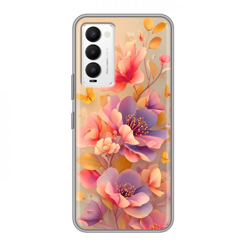 Полупрозрачный дизайнерский силиконовый с усиленными углами чехол для Tecno Camon 18 Цветы и бабочки