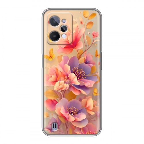 Полупрозрачный дизайнерский силиконовый чехол для Realme C31 Цветы и бабочки