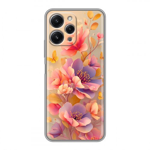 Полупрозрачный дизайнерский пластиковый чехол для Xiaomi RedMi 12 Цветы и бабочки