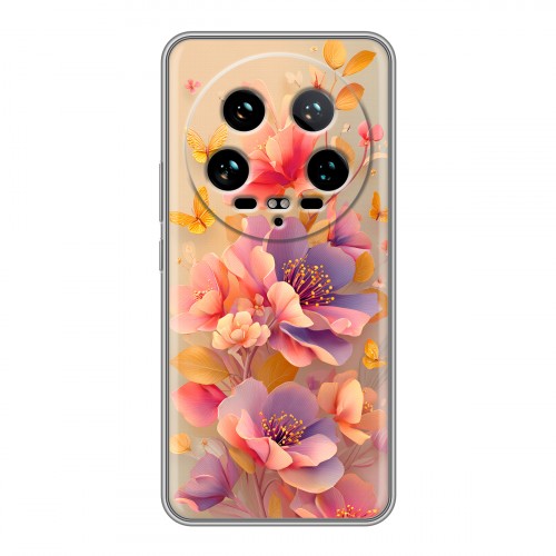 Полупрозрачный дизайнерский силиконовый чехол для Xiaomi 14 Ultra Цветы и бабочки