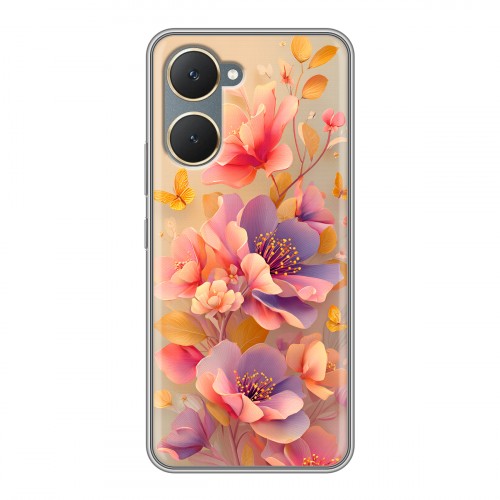 Полупрозрачный дизайнерский пластиковый чехол для Vivo Y03 Цветы и бабочки