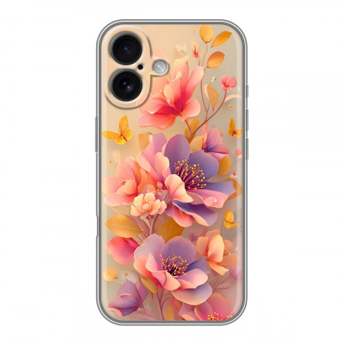 Полупрозрачный дизайнерский силиконовый чехол для Iphone 16 Цветы и бабочки