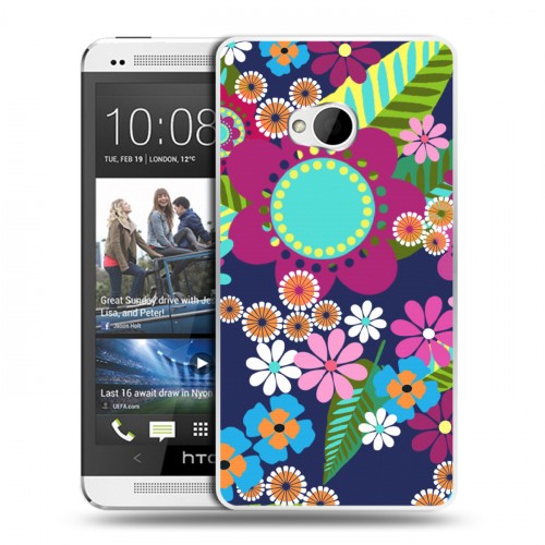 Дизайнерский пластиковый чехол для HTC One (M7) Dual SIM Цветочные паттерны