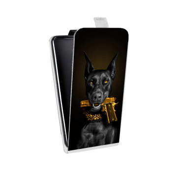 Дизайнерский вертикальный чехол-книжка для Samsung Galaxy S6 Edge Доберман с золотым пистолетом (на заказ)